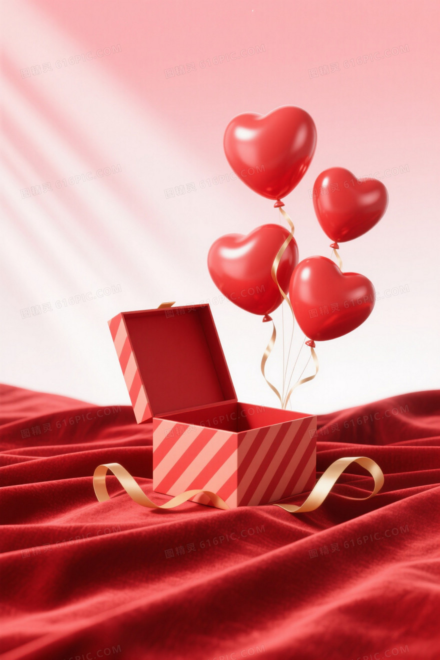 红粉渐变丝绒礼盒心形气球背景
