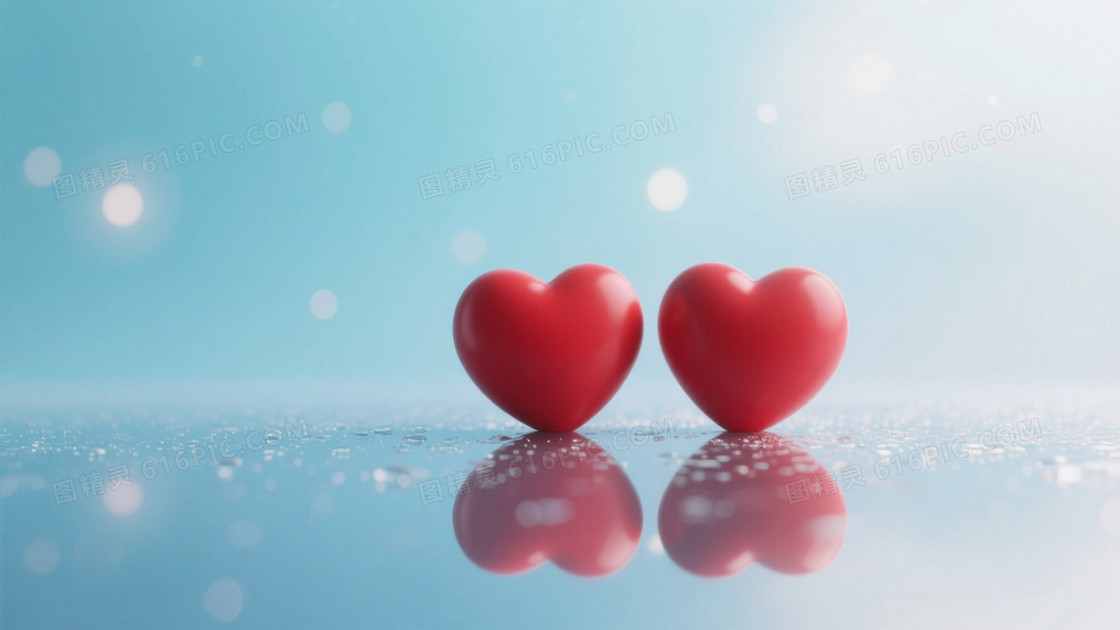 柔蓝梦幻光晕双心镜面背景