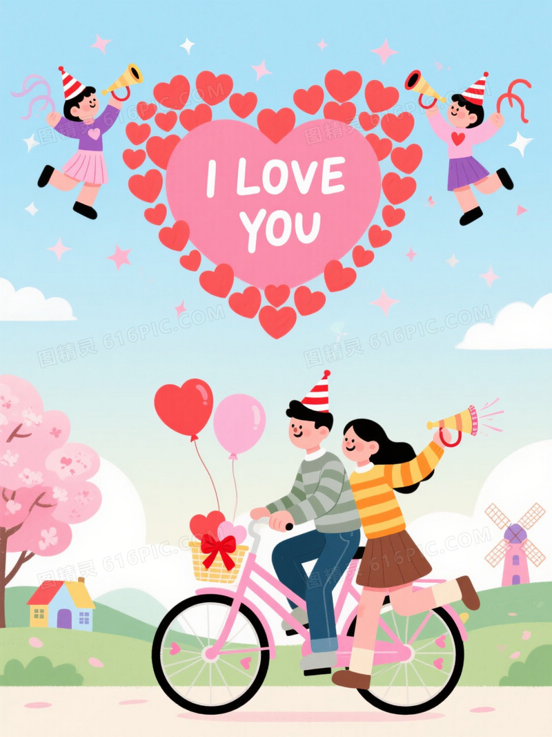 马卡龙色扁平插画情人节背景