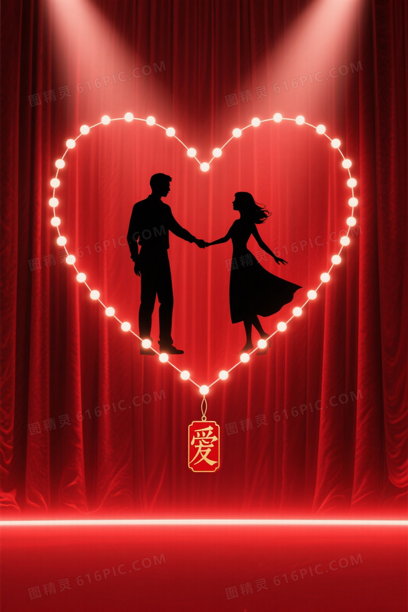 深红丝绒光影心形剪影背景