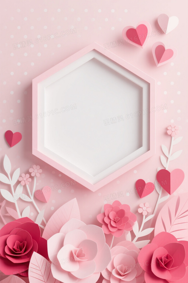 柔和粉调纸艺花卉心形背景