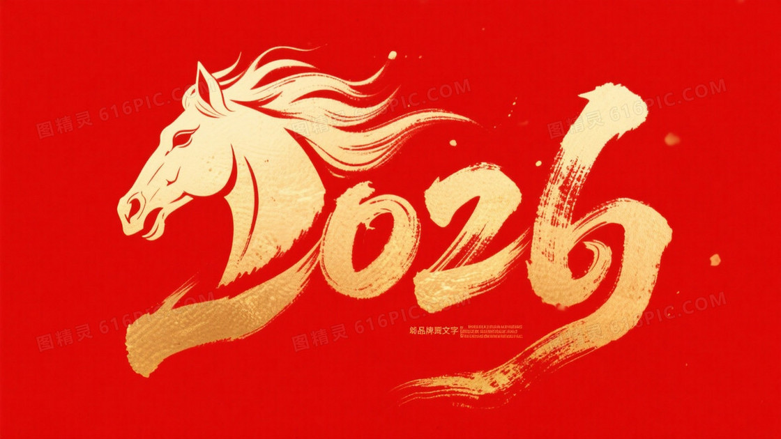 正红烫金书法骏马背景