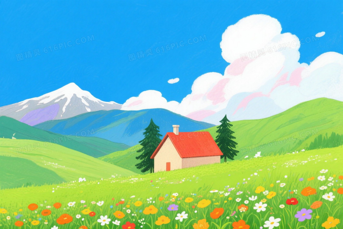 蓝绿清新田园野花小屋背景