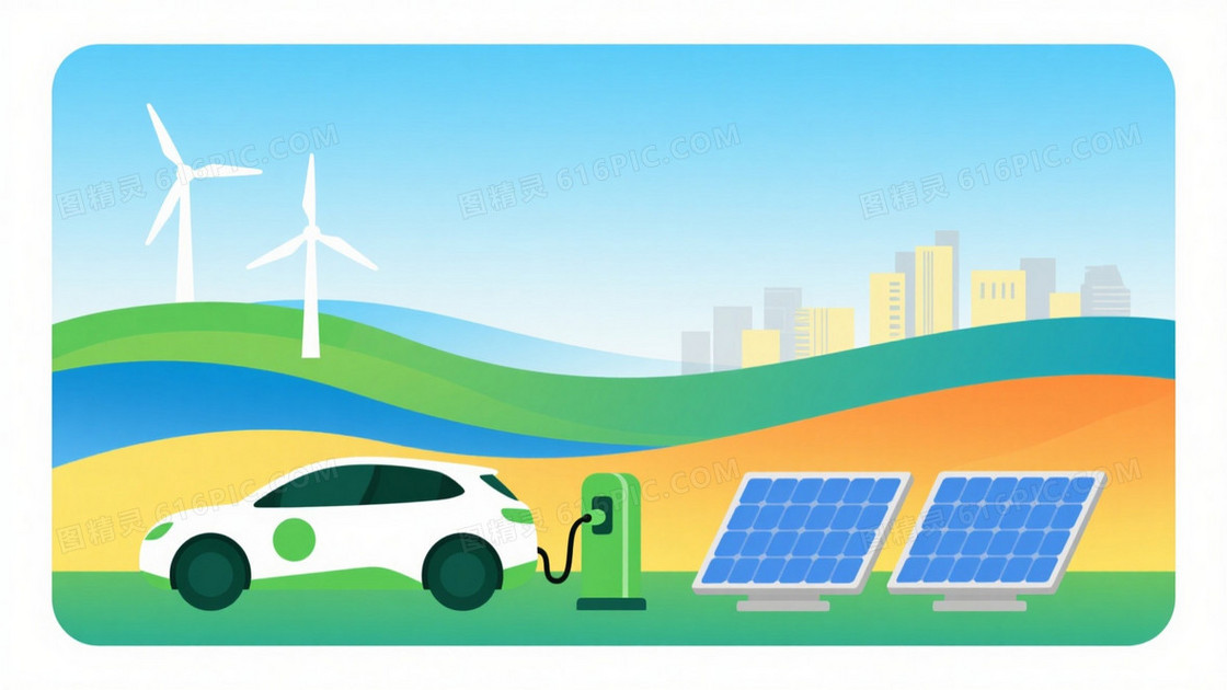 青蓝渐变山丘绿能插画背景