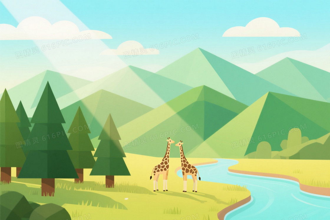 青绿浅蓝暖黄低多边形生态景观背景