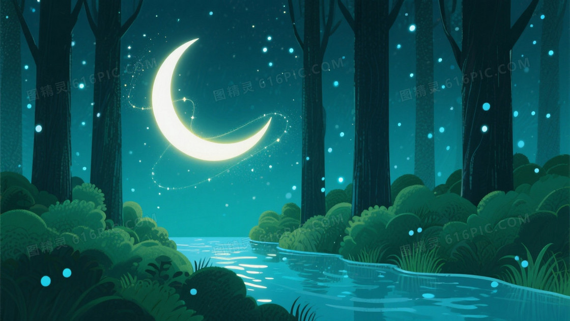深青绿梦幻森林新月背景