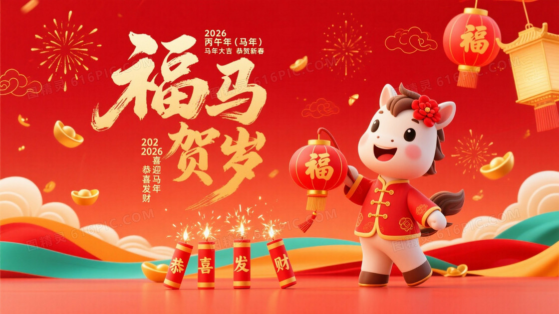 朱红喜庆中国风福马贺岁背景