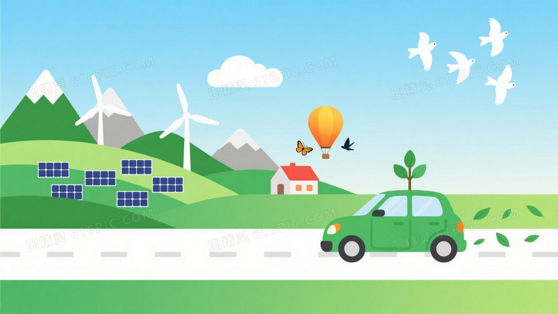 浅蓝绿意扁平山丘风车背景