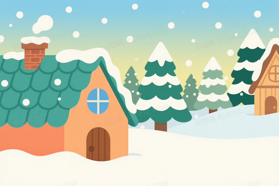 浅蓝渐变雪景卡通小屋背景