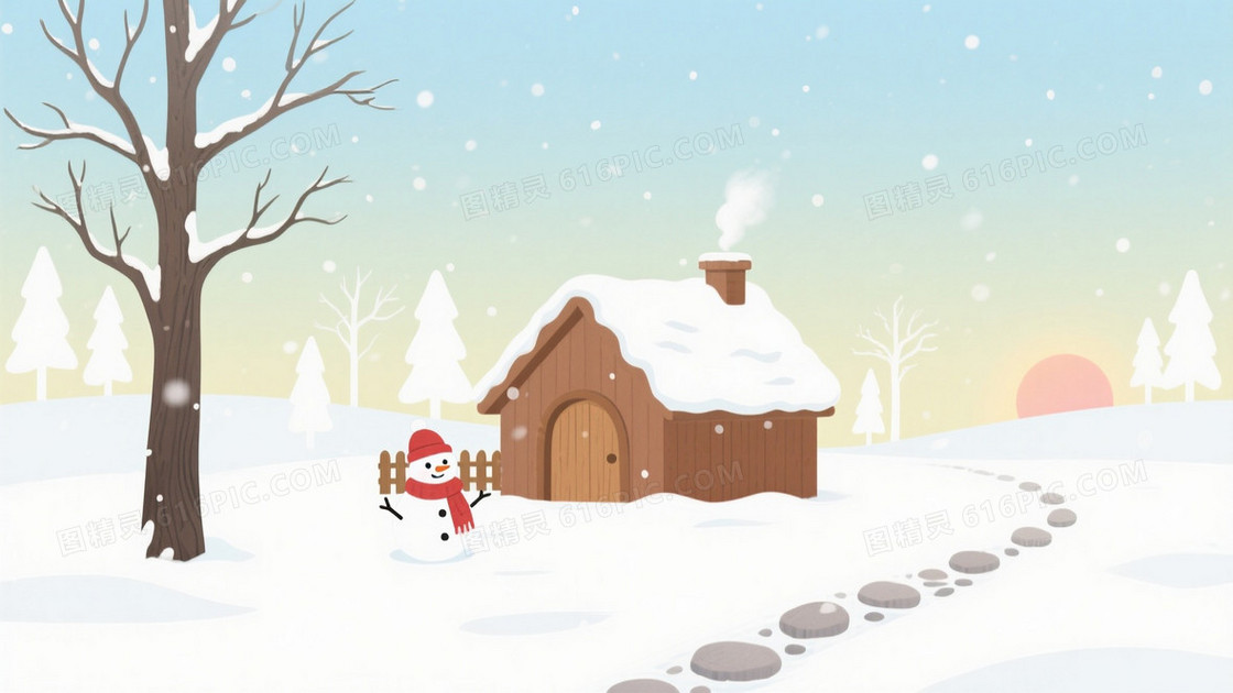 浅蓝淡黄绿渐变雪景插画背景