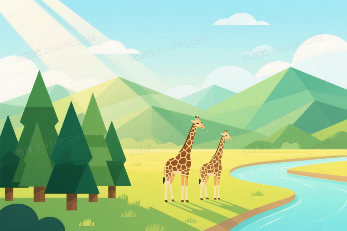 青绿浅蓝暖黄低多边形生态景观背景