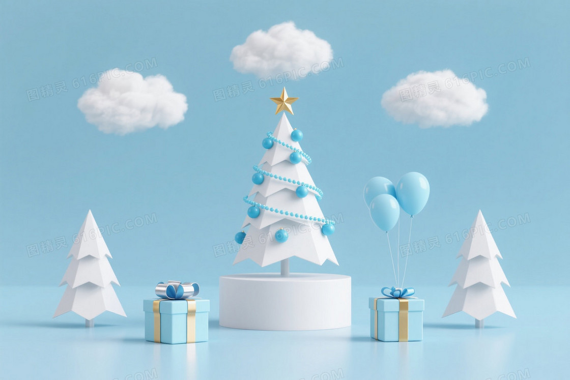 浅青蓝极简折纸圣诞背景