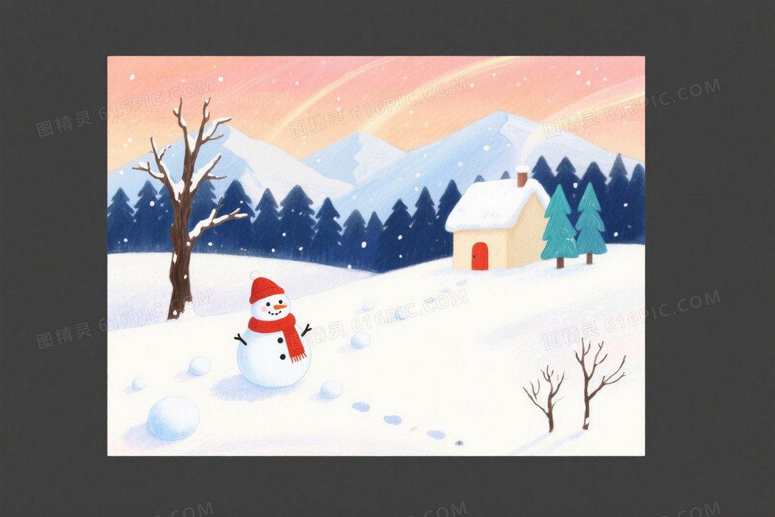 暖橙粉渐变雪景手绘背景