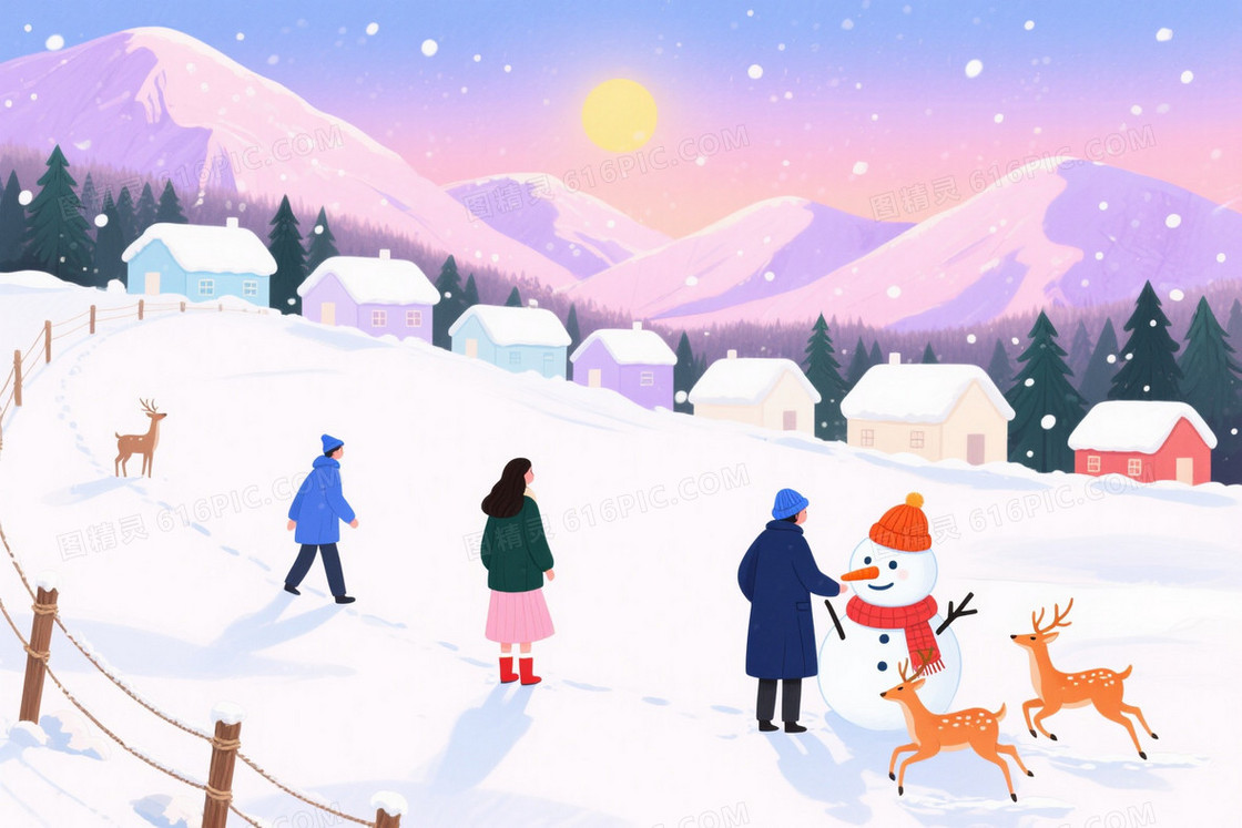 蓝粉紫渐变雪景插画背景