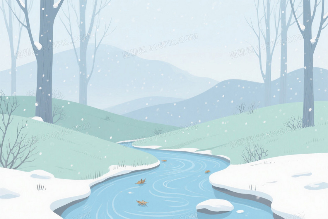 淡蓝灰绿浅青雪景插画背景