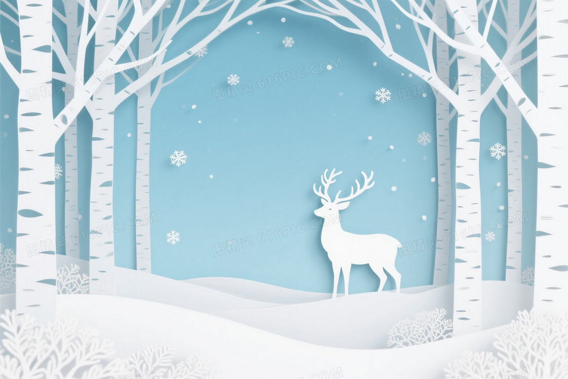 纯白纸艺剪影冬季森林背景