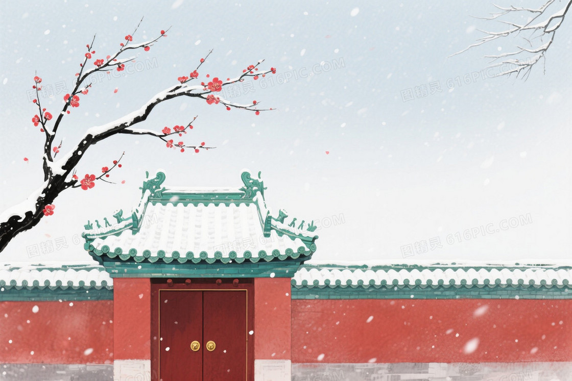 浅蓝灰水彩雪景梅枝屋檐背景