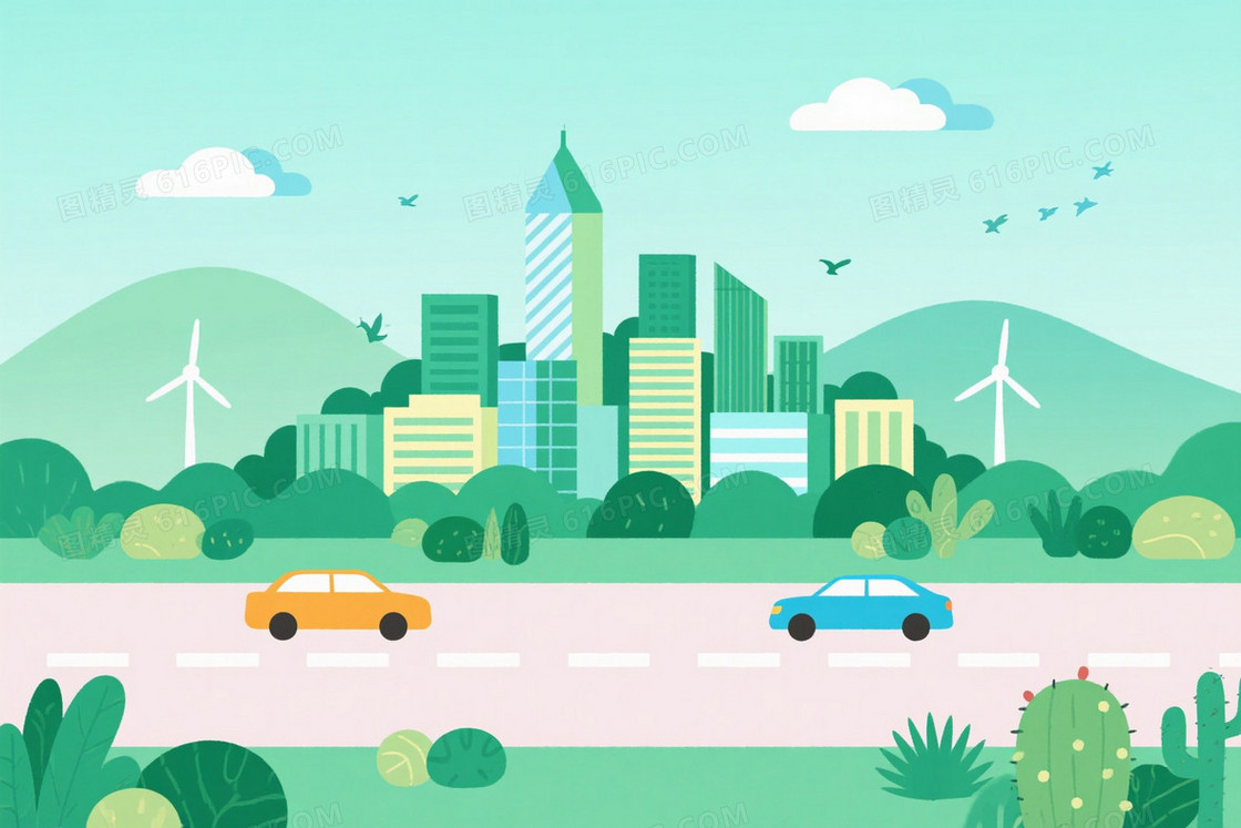 薄荷绿扁平城市植物背景