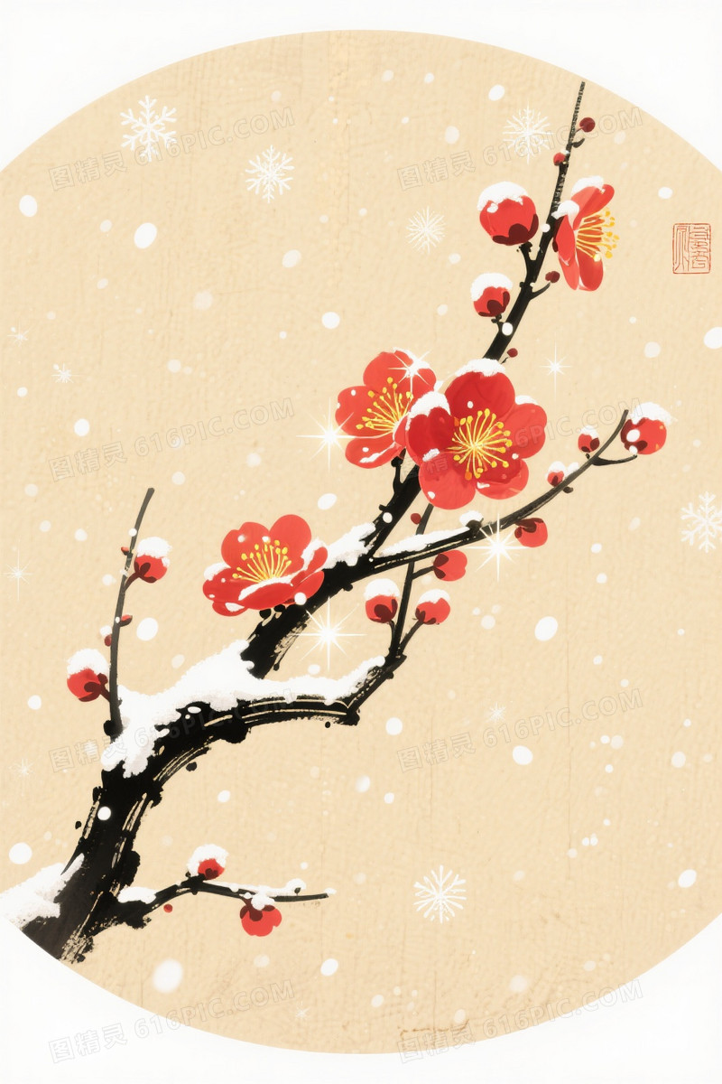 米黄宣纸墨梅红花背景