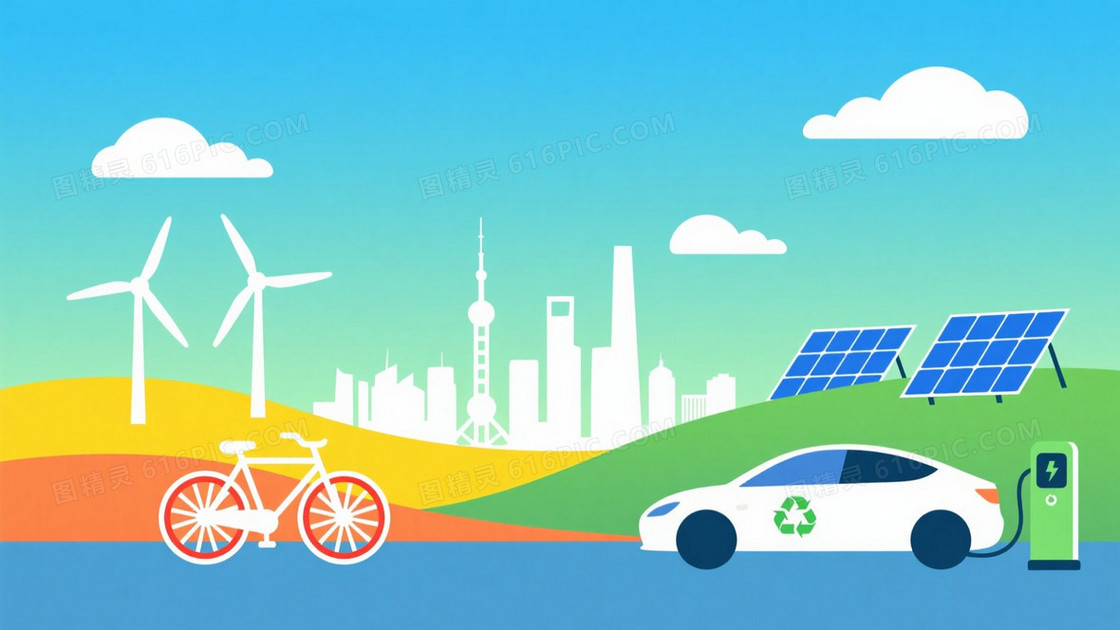 蓝绿渐变清新插画生态背景