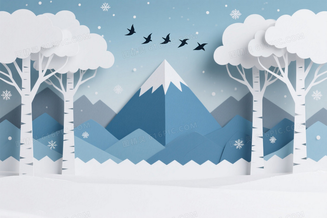 浅蓝灰渐变纸艺雪景森林背景
