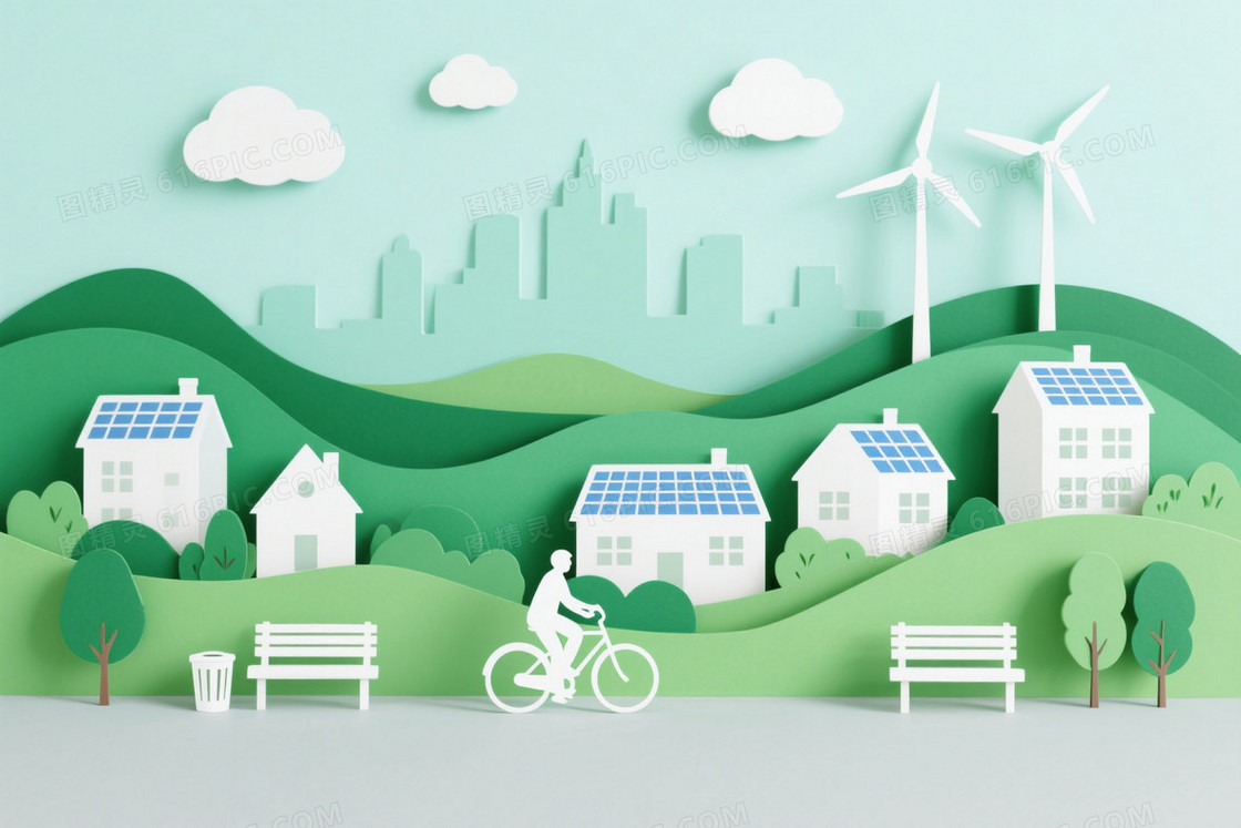 薄荷绿纸艺剪影生态城市背景