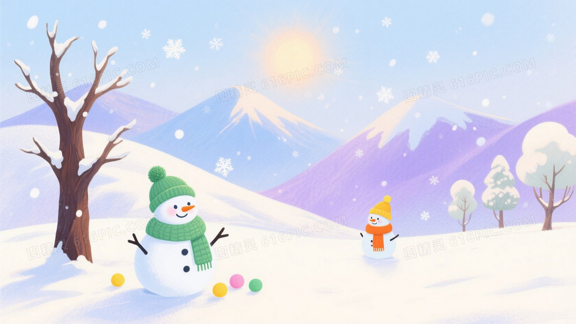 淡蓝浅紫奶油白童话雪人背景