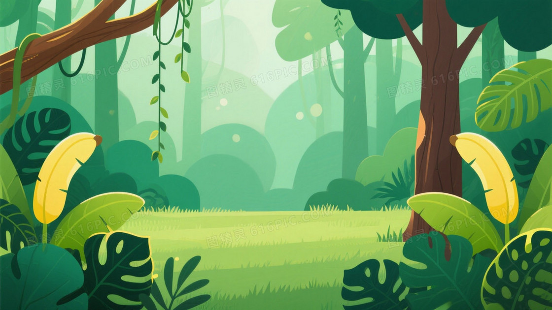 柔绿渐变热带雨林插画背景