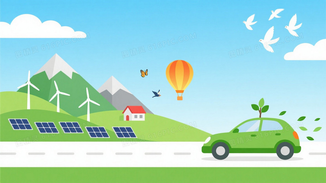 浅蓝绿意扁平山丘风车背景