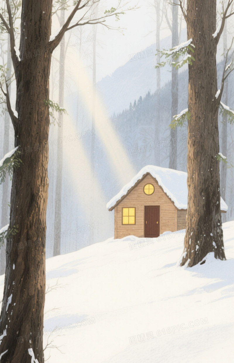 灰蓝米白手绘冬日森林小屋背景