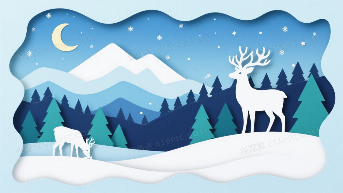 浅蓝渐变纸艺剪影冬季夜景背景