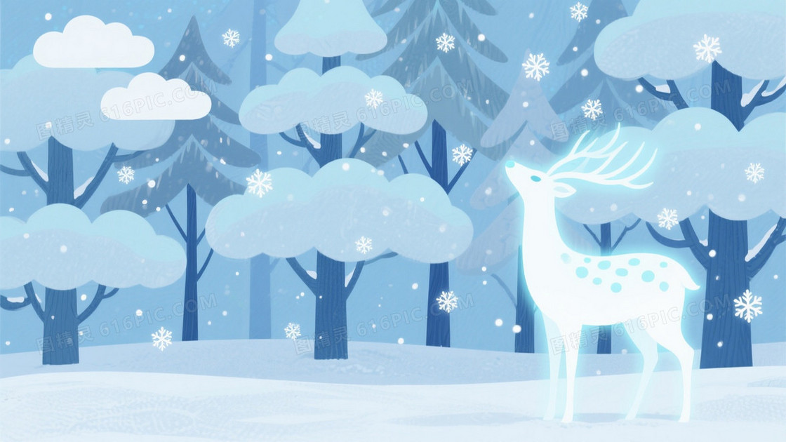 浅蓝灰蓝淡青雪林梅花鹿背景
