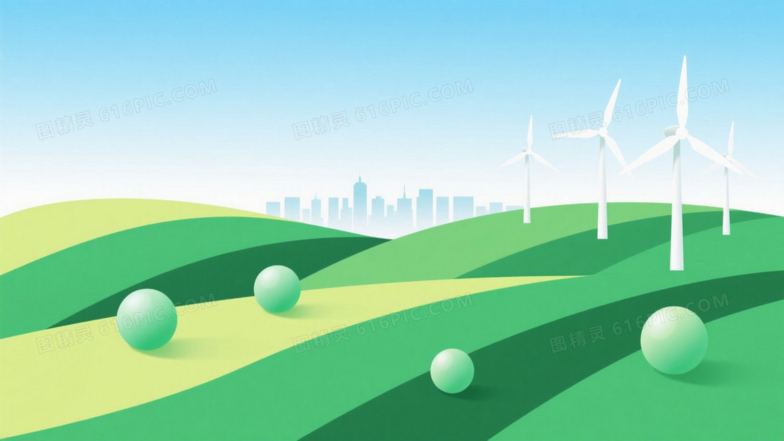 蓝白渐变绿丘风车背景