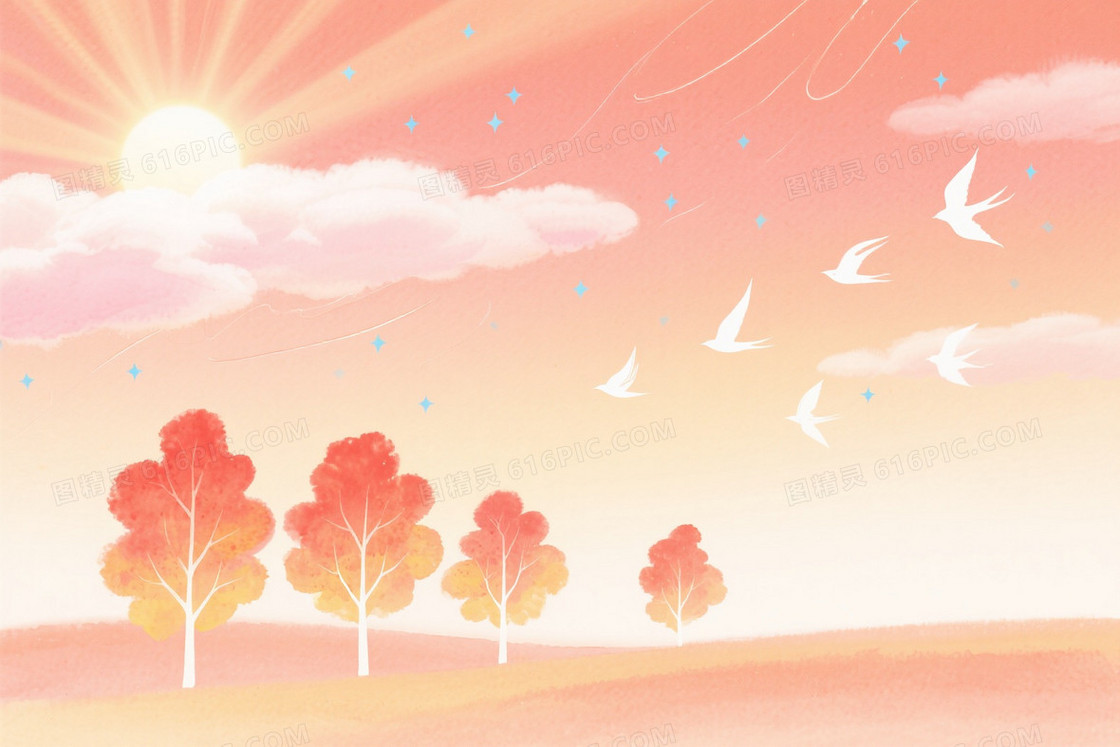 暖橙粉金水彩飞鸟秋树背景