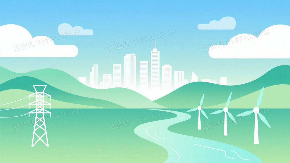 浅蓝绿渐变城市山丘背景