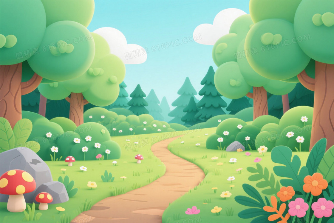 浅青卡通森林春日背景