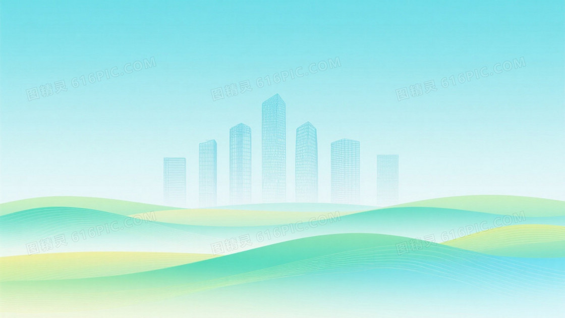 青绿渐变线描城市背景