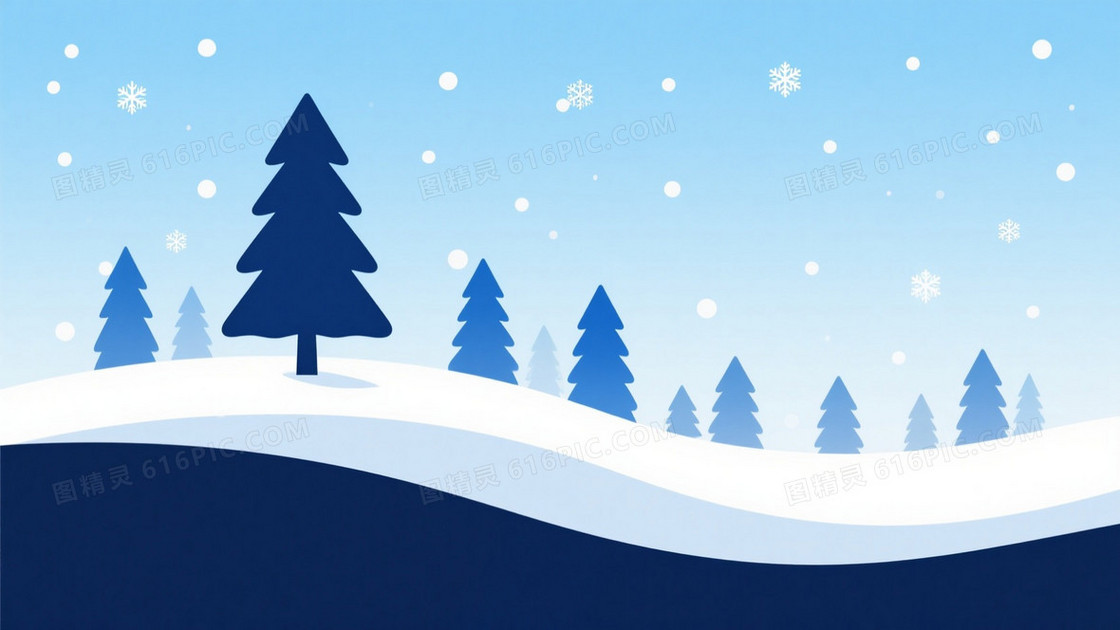 淡蓝渐变雪花松树插画背景