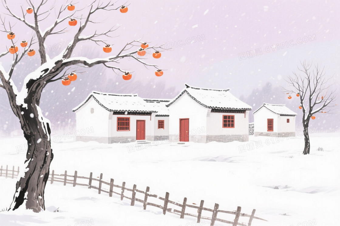 粉紫灰调水墨雪景乡村背景