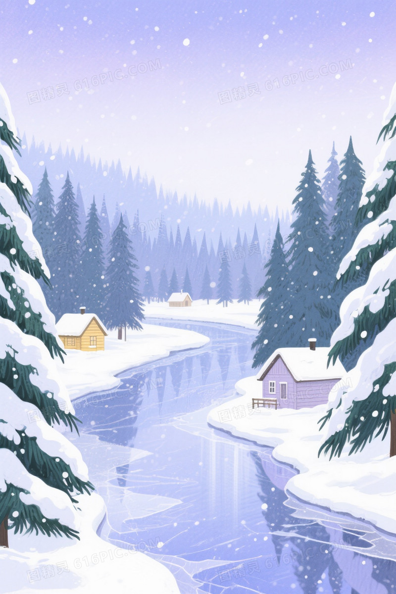 蓝紫渐变雪景插画背景