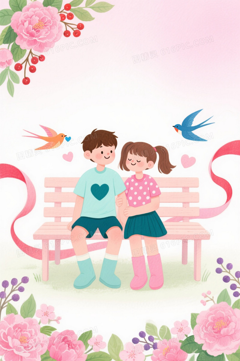 粉白渐变水彩牡丹情侣背景