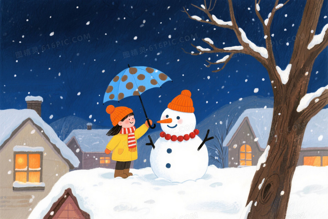 深蓝暖橙手绘雪人小女孩背景
