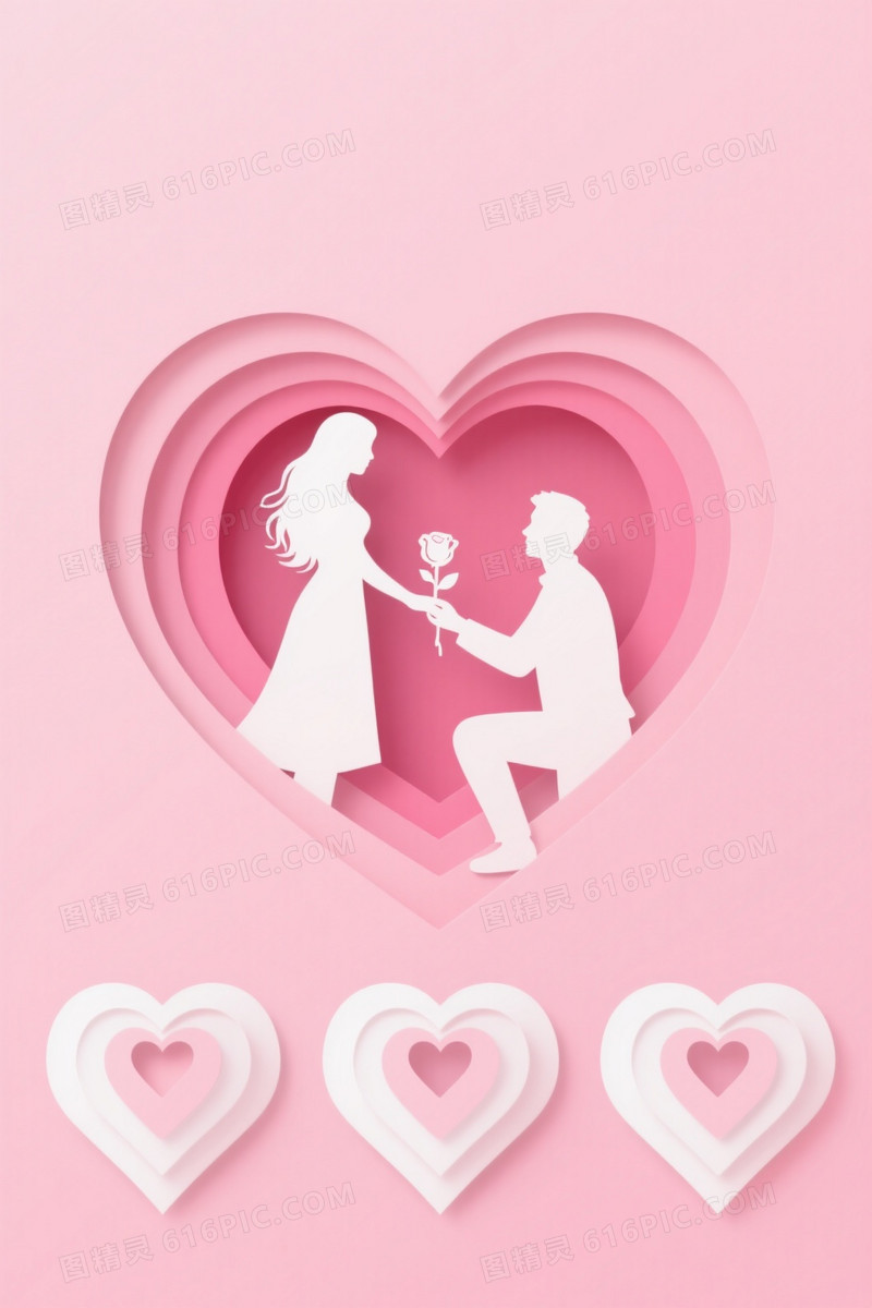 粉红渐变纸艺心形剪影背景