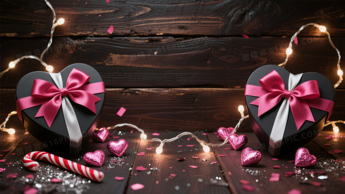 深棕木质纹理心形礼盒背景