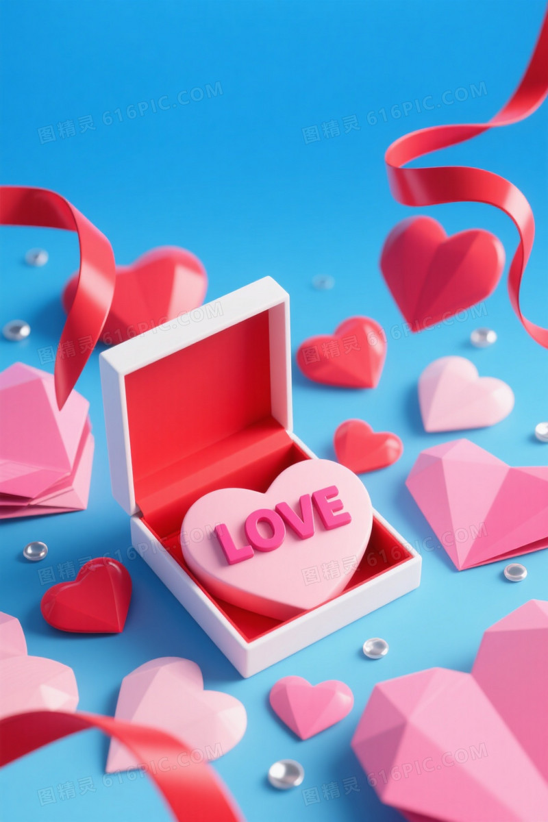 蓝渐变留白礼盒心形背景