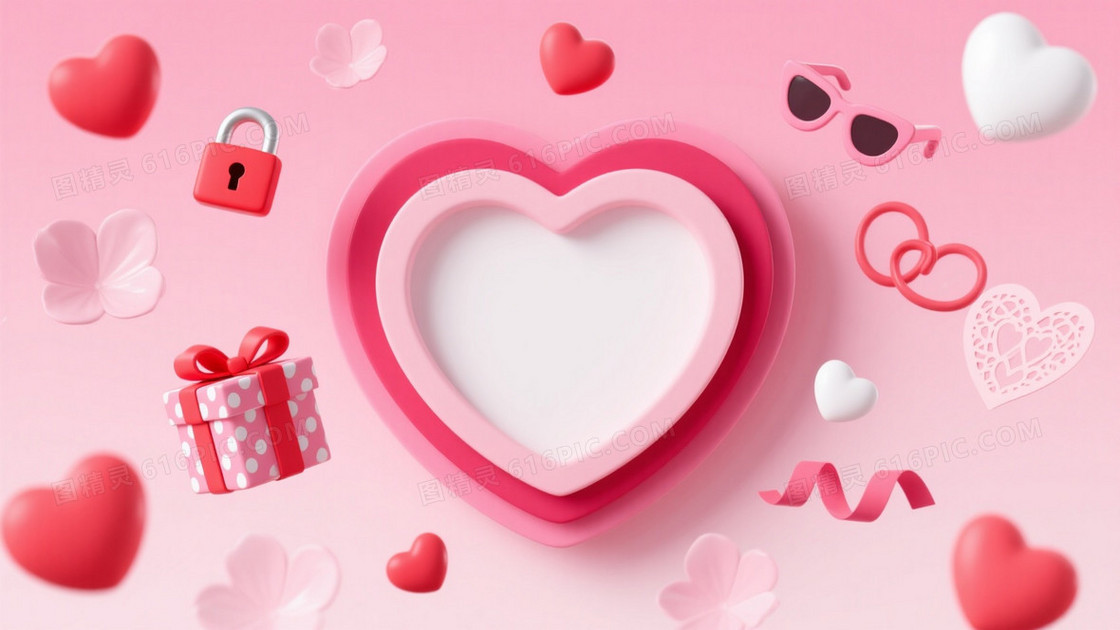 粉红渐变立体心形框架背景