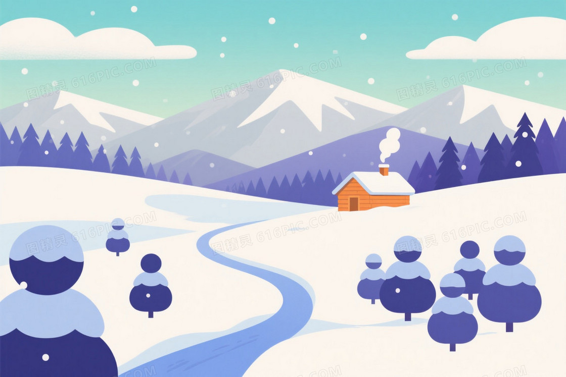 蓝绿渐变雪景插画背景