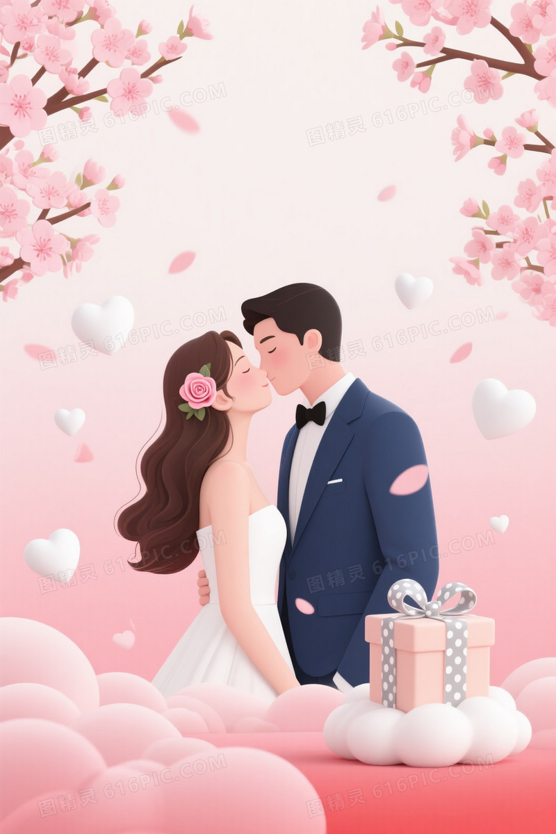 柔粉浪漫插画新人亲吻背景