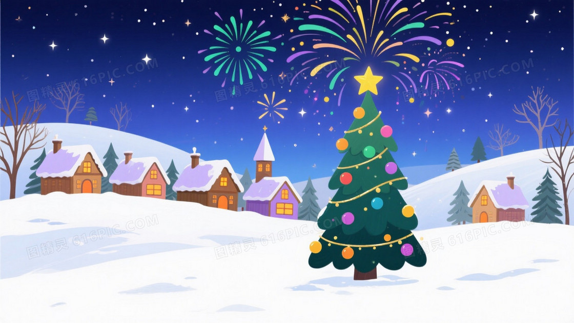 深蓝星空烟花雪村童话背景