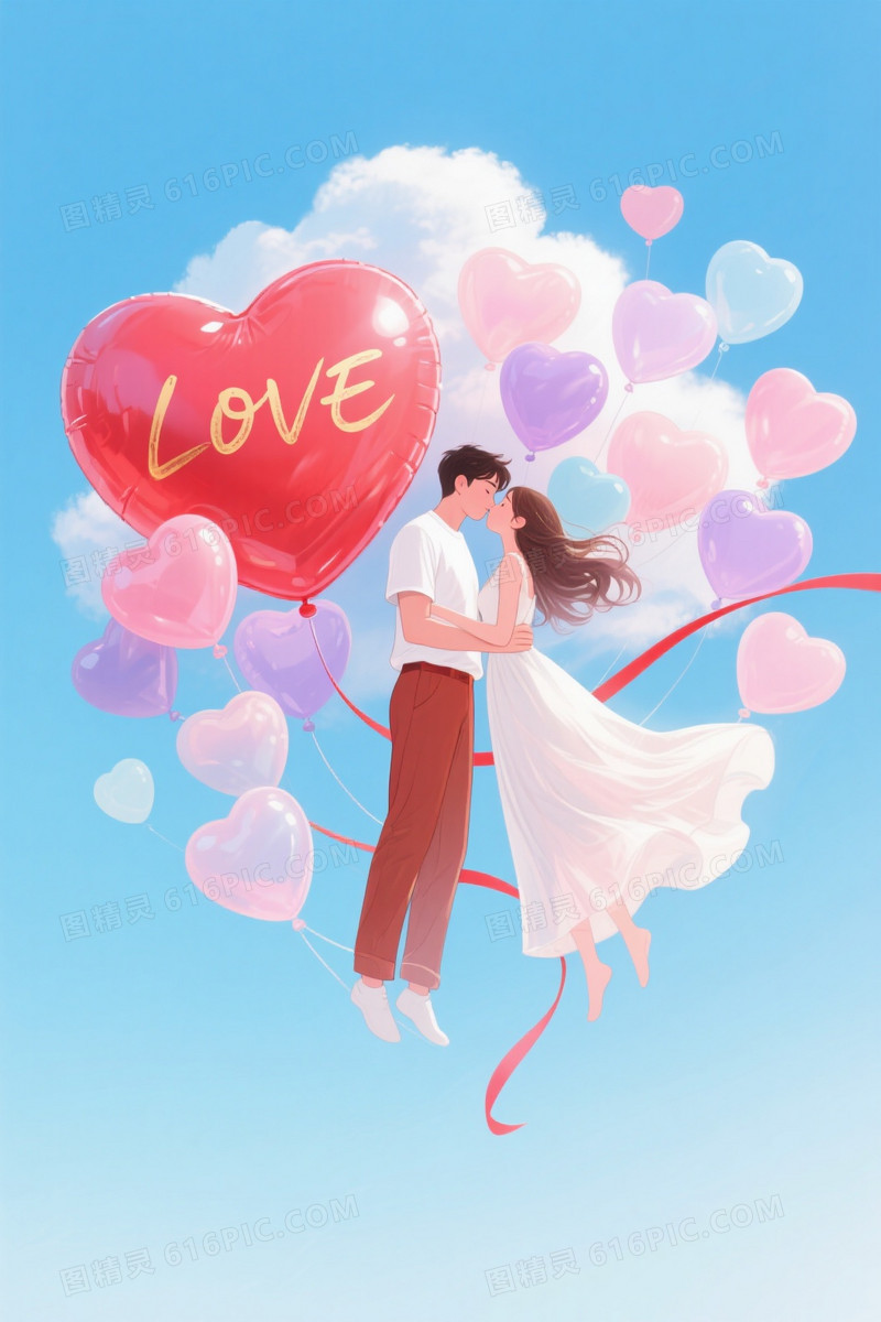 浅蓝渐变情侣亲吻心形气球背景